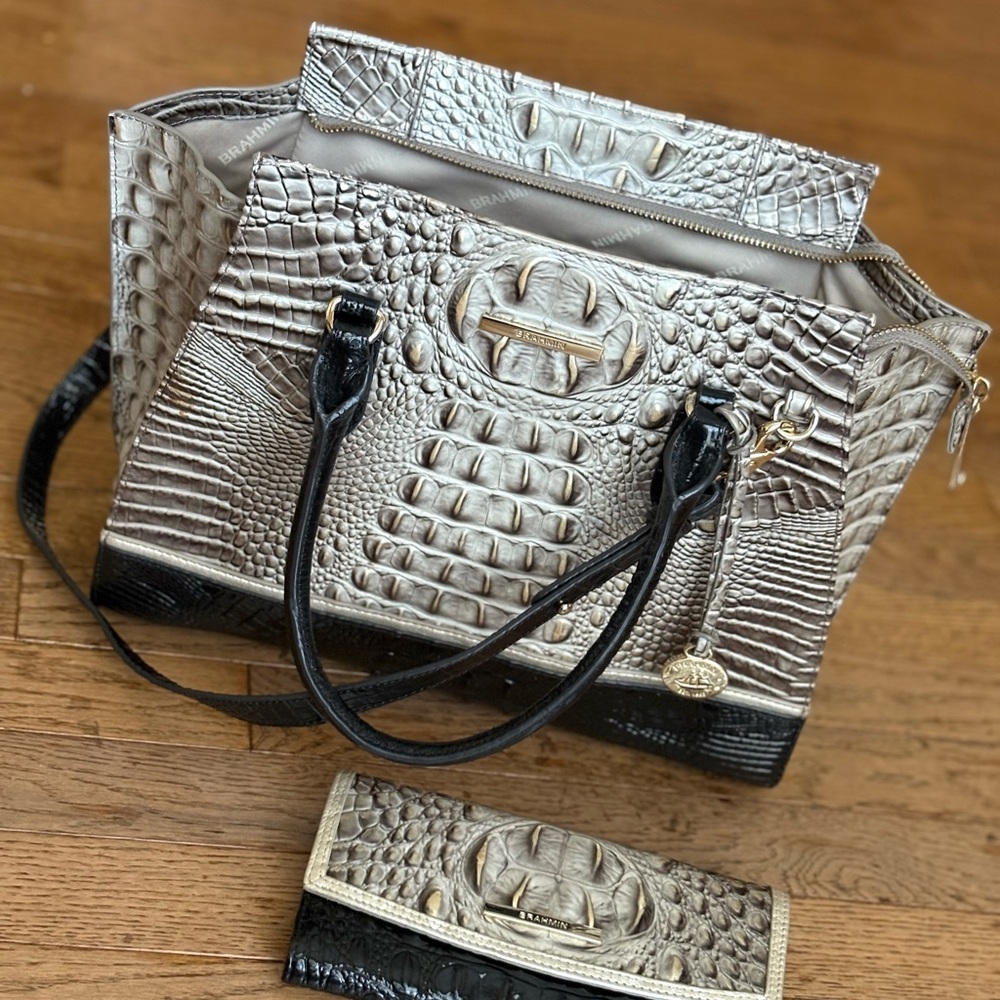 BRAHMIN Crocodile Embossed Handbag and Wallet Set